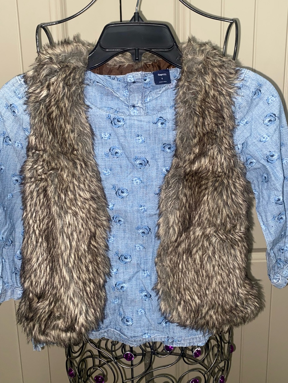 Gap Kids and Justice Children's Faux Fur Vest in Brown with Blue Floral Top lrg